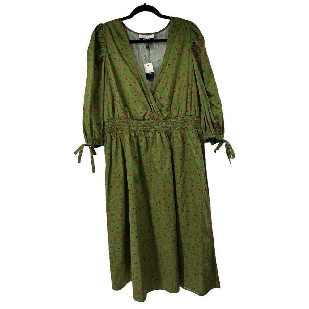 Eloquii Elements Green Red Speckles Ballon Sleeves‎ Women's Midi DressSz 16 NWT
